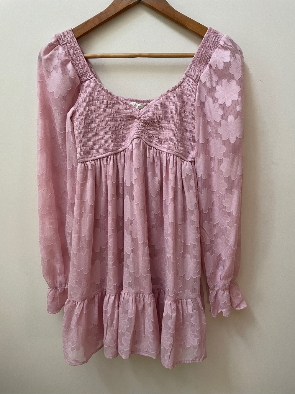 Pink Floral Smocked Long-Sleeve Mini Dress